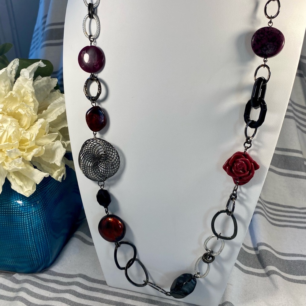 Funky Black and Burgundy Long Necklace Rose Asymmetrical